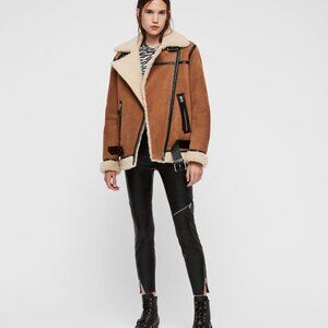 ALLSAINTS Rei Shearling Jacket in Sand Brown & Ecru size SMALL